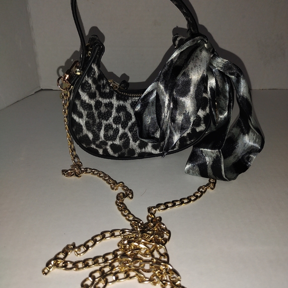 unbranded Handbags - Micro Leopard Print Bag With Gold Crossbody Strap And Twilly 6"x3" x2" NWOT